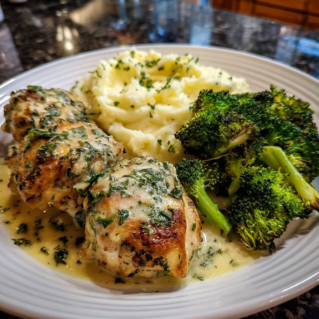 Cremiges Kräuterhähnchen mit Kartoffelpüree und geröstetem Brokkoli