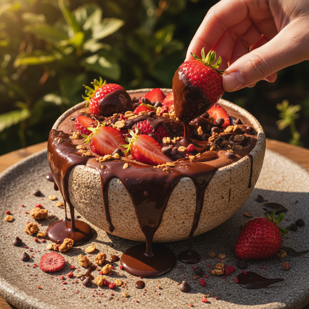 Schokoladenüberzogene Erdbeer Smoothie Bowl