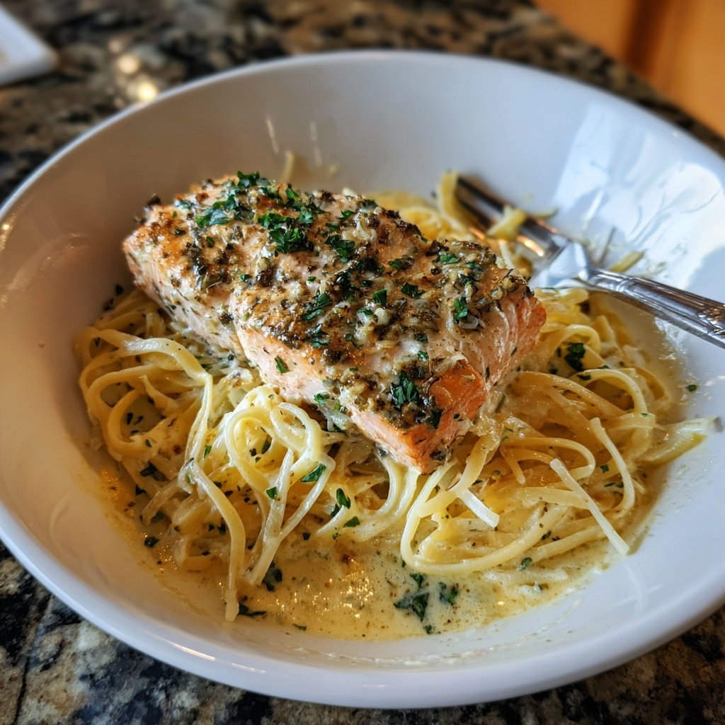 Kräuterlachs und cremige Pasta