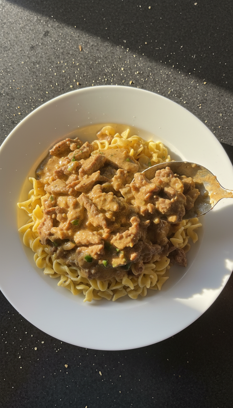 Rind Stroganoff auf Nudeln