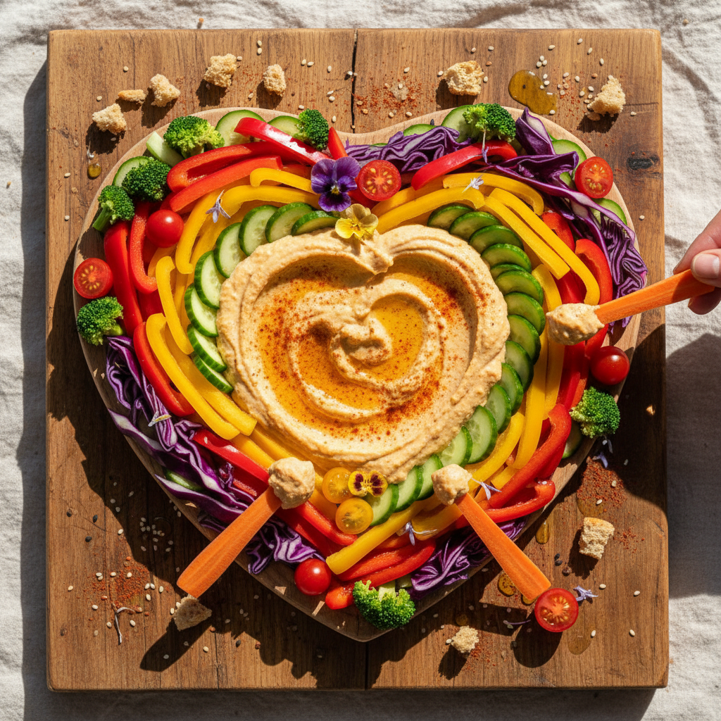 Herzförmige Gemüse und Hummus Platte
